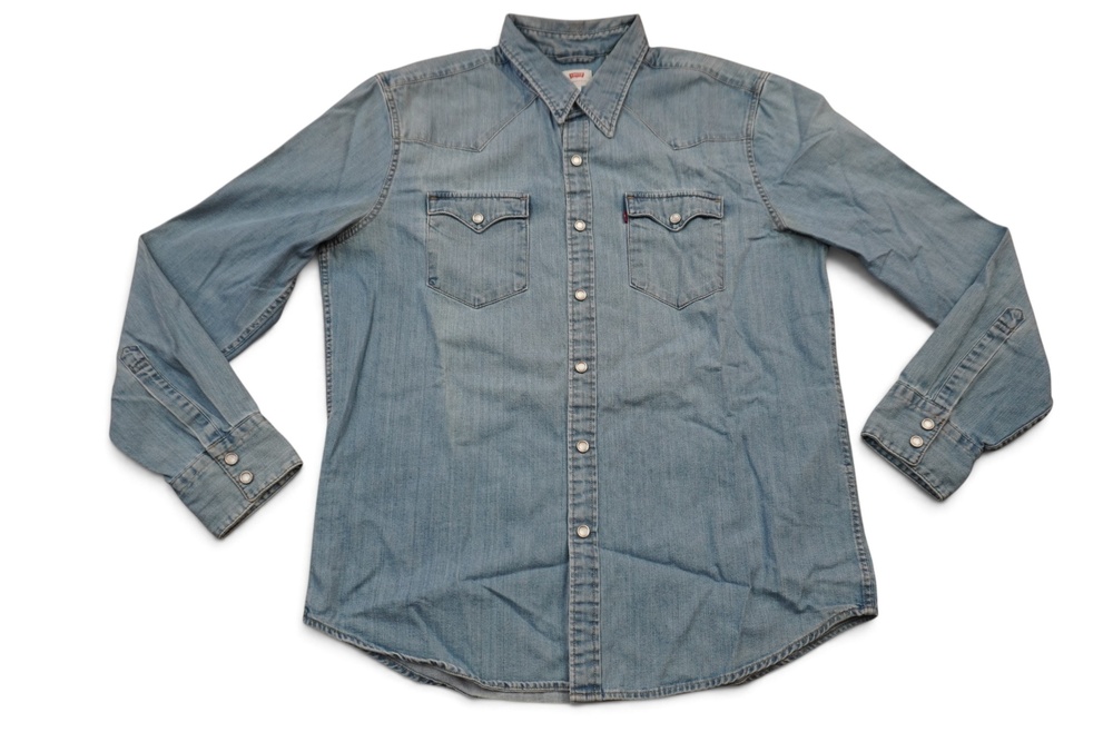 Levis Western Pearl Snap Shirt Mens Large Blue Cone Denim Light Wash Cowboy Yoke